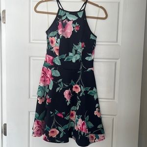 Navy blue with flowers halter tail dress with tiered skirt